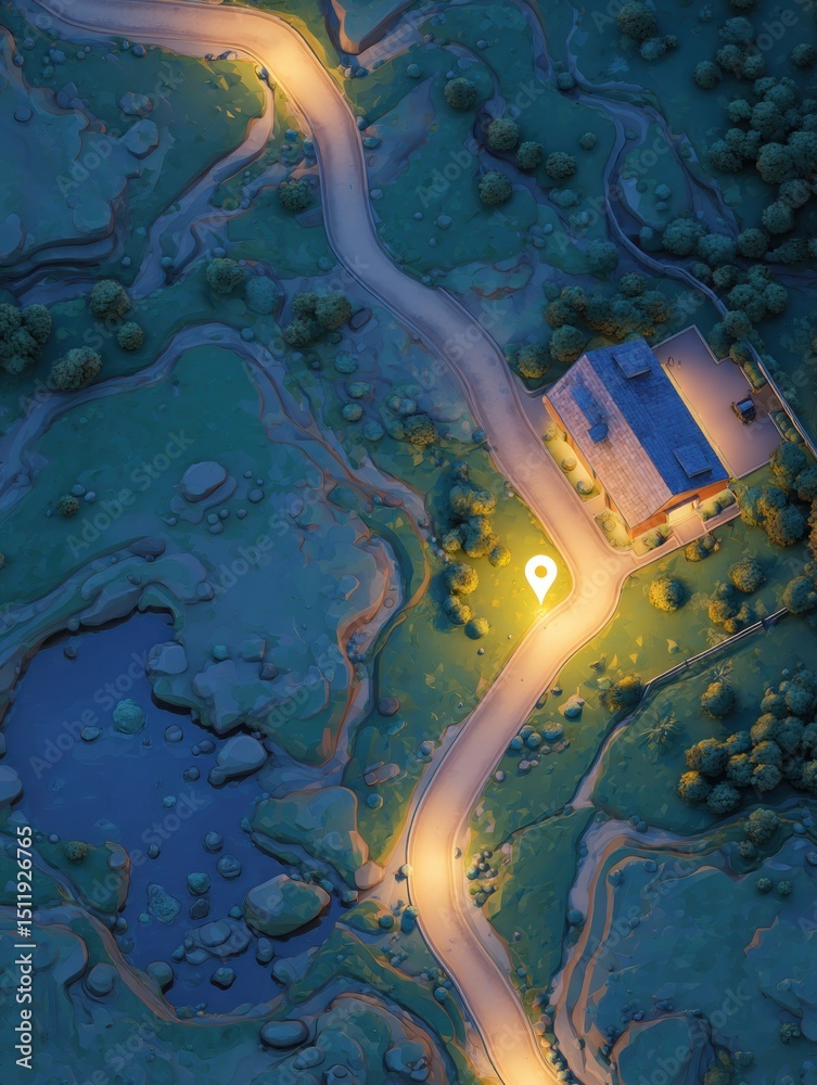 Poster animated map route showing a glowing doorstep icon, highlighting the way to a cozy house in a serene