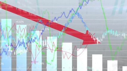 Red arrow sweeping down starting trend lines moving over falling bars indicating market dip rebound - Powered by Adobe