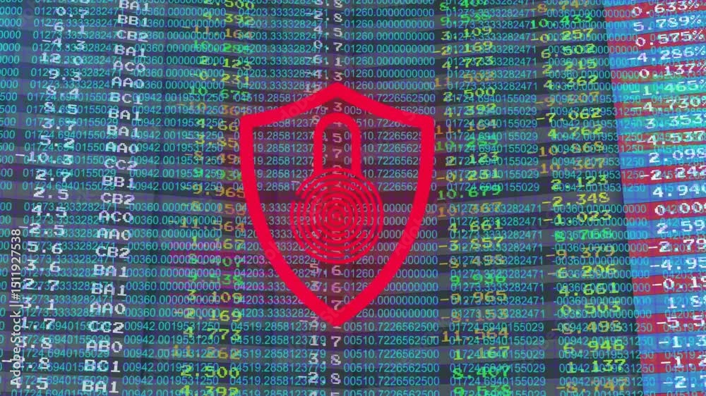 Poster fingerprint padlock in shield showing red glow pulsing green on moving code showing security shift