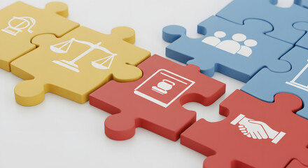 Obraz premium Colorful jigsaw puzzle pieces interlock, each displaying a symbol representing different aspects of law, partnership and teamwork.