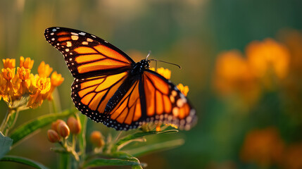 Fototapeta premium Monarch Butterfly Feeding on Milkweed During National Pollinator Month Celebrates the Vital Role of Butterflies in Ecosystem Health, Biodiversity, and Native Plant Conservation