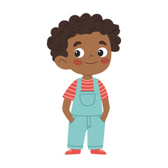 Cute African American boy in overalls. Vector illustration isolated on white background.