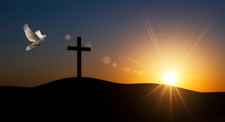 Serene sunset landscape featuring a cross silhouette against a vibrant sky a white dove in flight symbolizing peace and faith spiritual hope religious imagery.