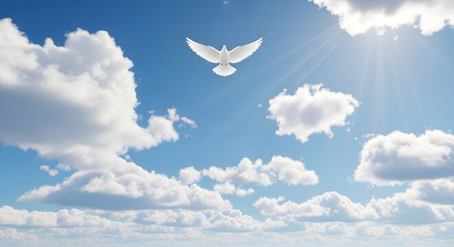 Serene white dove soaring through a bright blue sky filled with fluffy cumulus clouds, bathed in sunlight a peaceful nature scene