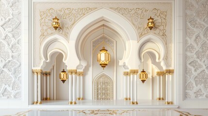 Fototapeta premium A grand, ornate interior, featuring arches, intricate detailing, and ornate lighting