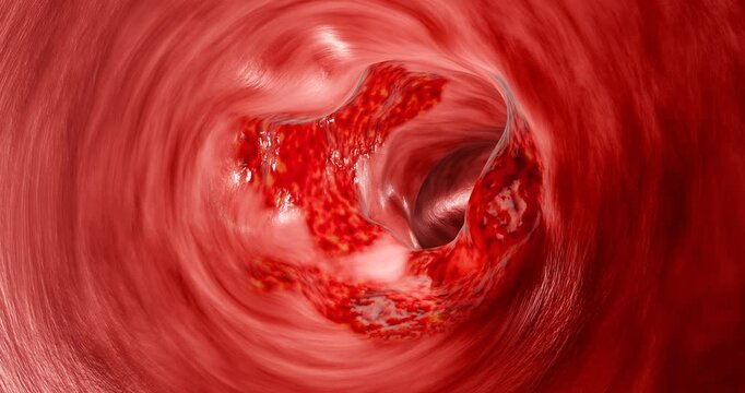 Artery narrowing due to cholesterol deposits, fast food intake, high-sugar beverages, alcohol addiction, processed foods, emphasizing risks hypertension, stroke, cardiovascular death. 3D rendering