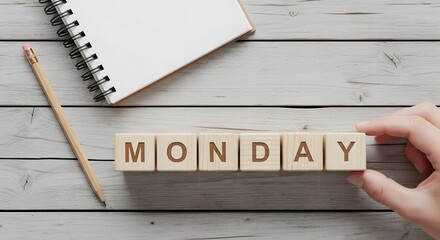 Wooden Blocks Spelling Monday on a Rustic White Wood Tabletop next to a Notebook and Pencil Planning a Week Start