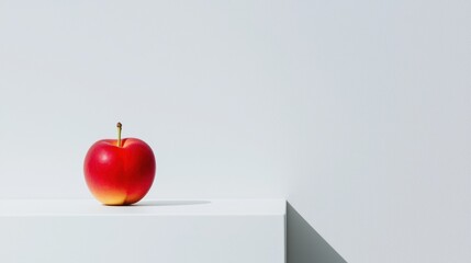 A red apple with a yellow stem sits on a white shelf against a light gray background.