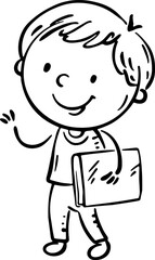 Cute little boy standing with book. Cartoon kid character, outline illustration