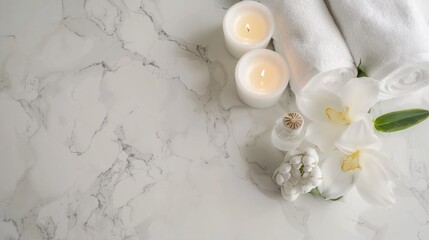 Spa-like setting with candles, towels, and flowers on marble