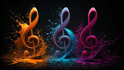 Three vibrant treble clef symbols in colorful paint splashes abstract music background