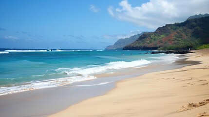 Stunning sandy beach with gentle soft blue ocean waves rolling onto the shore, creating a serene and picturesque coastal scene