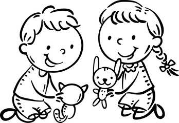 Cute little kids playing with toys. Cartoon outline illustration of two kindergarten children, activities clipart