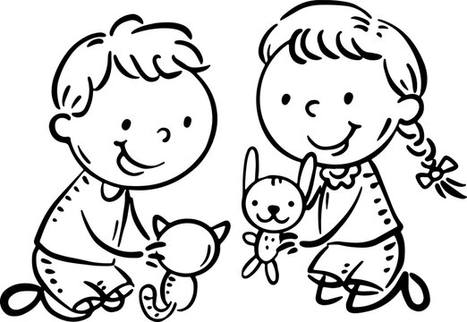 Cute little kids playing with toys. Cartoon outline illustration of two kindergarten children, activities clipart