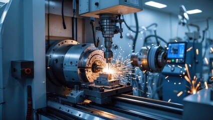 Fototapeta premium High-tech CNC machine in operation creating sparks during metal machining in a modern workshop