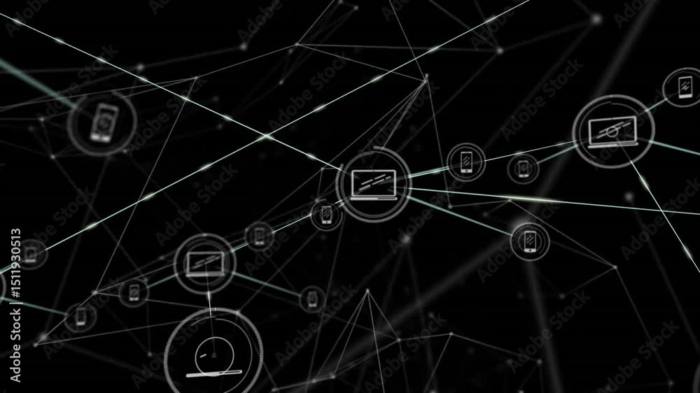 Poster single circular node appearing triggers phone, laptop icons branching into intricate digital web