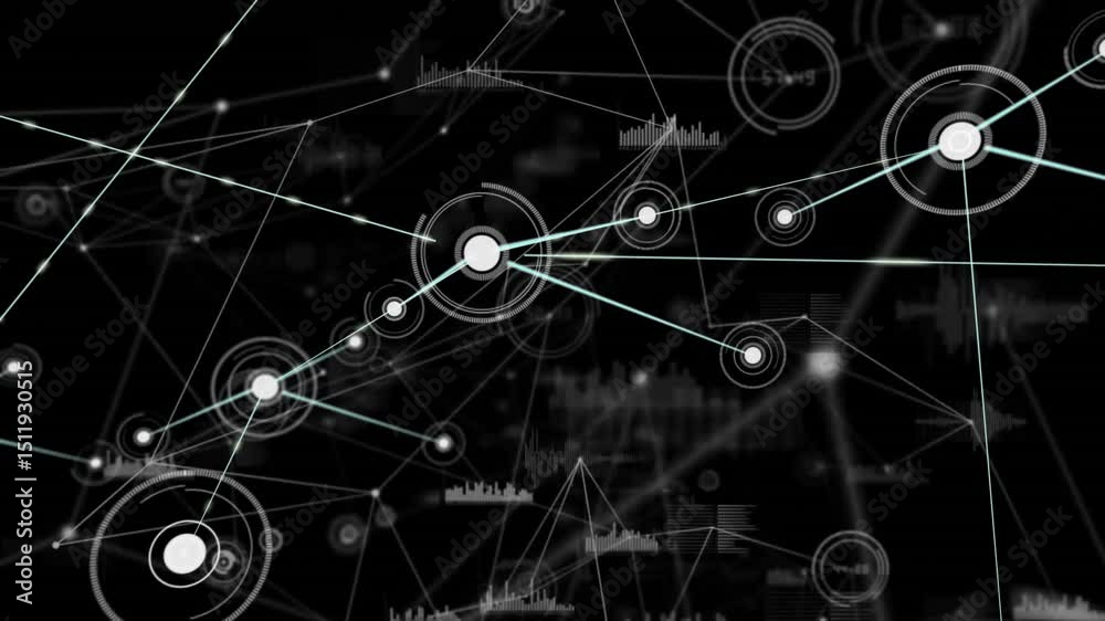 Poster central node appearing and shooting lines to new nodes, animating data network showing connectivity