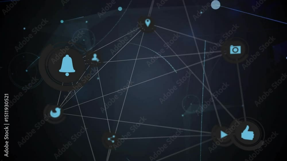 Poster dark grid emerging initiating network demo, interface icons pulsing and shifting, showing data flow