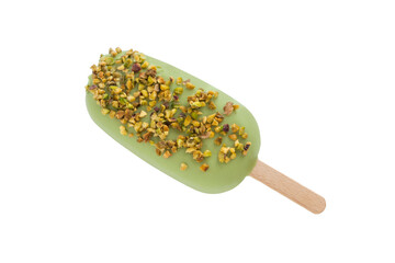 Coated ice cream covered with pistachio flavoured glaze with Bronte pistachio granules