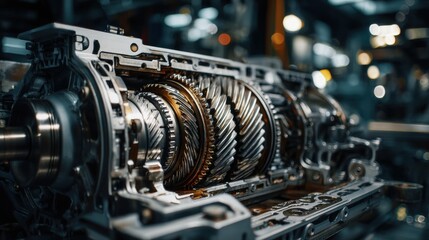 A 4K photo of closeup of disassembled automatic transmission gear part on workbench in garage. Car service station for fix, maintenance. Vehicle detail with complex.