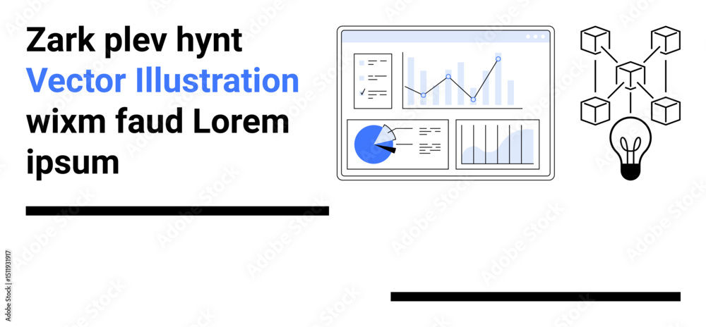 Poster data charts on a dashboard, interconnected blockchain elements, and a light bulb. ideal for analytic