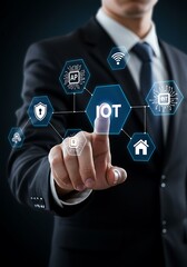Businessman interacting with internet of things network represented by digital icons and concept