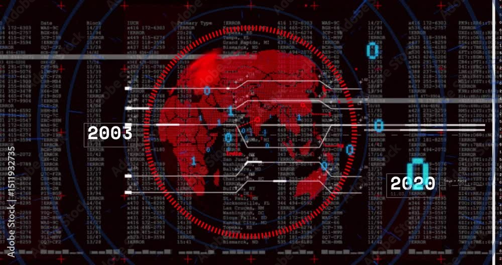 Poster on grid launch, red 3d globe rotating clockwise while timeline labels updating to visualize data