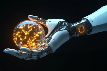 A detailed depiction features a robotic arm gracefully holding a luminous orb filled with intricate glowing patterns. The striking design highlights futuristic technology in a captivating display