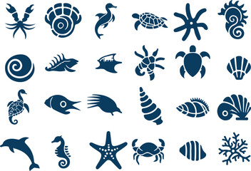 A collection of blue silhouettes of sea creatures icon set vector illustration art.
