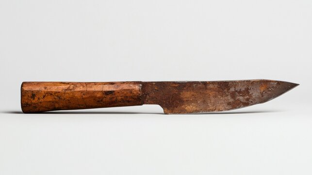 A rusty knife with a wooden handle.