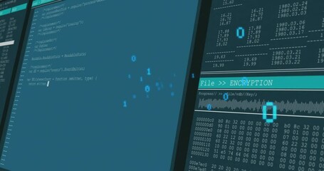 Materializing binary digits clustering between code and data screens, driving encryption progress - Powered by Adobe