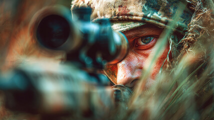 Focused Camouflaged Sniper Aiming Through Scope in Wilderness with Intense Expression and Natural Surroundings
