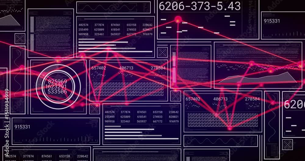 Poster grid appearing, network emerging and codes updating with widget pulsing for data visualization
