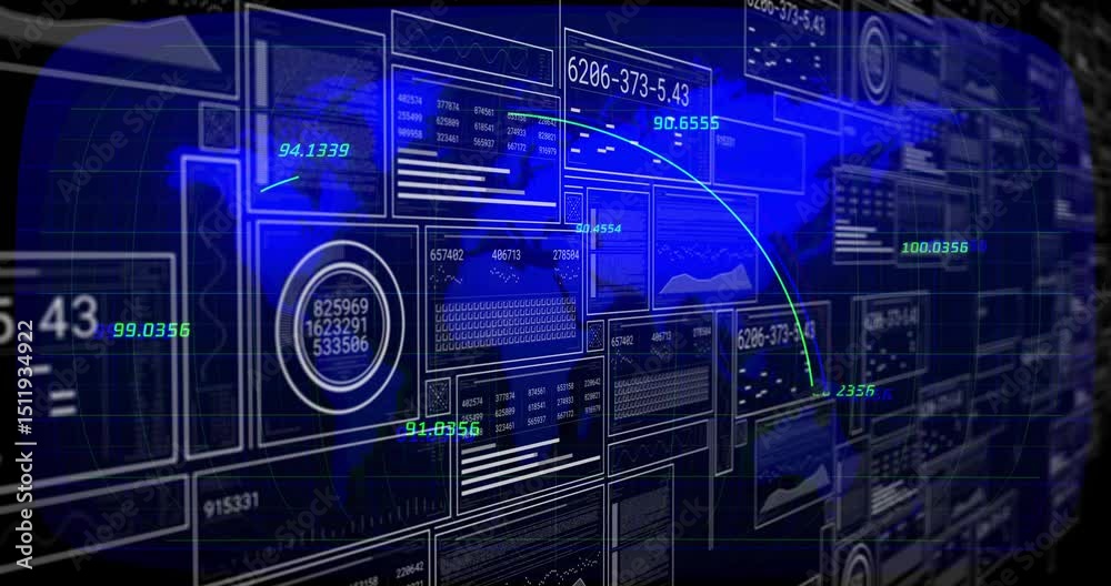 Poster on start digital interface sliding panels forming windows while arc connecting nodes showing data