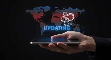 Smartphone displaying updating process with gears and a world map with data visualization