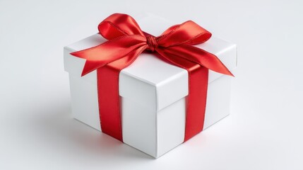 Obraz premium A 4K photo of elegant white gift box with shiny red ribbon over white background.
