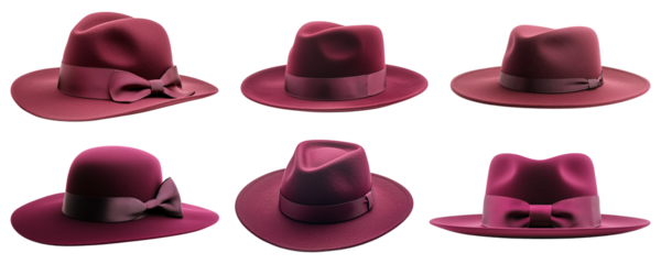 Six maroon fedora hats showcase elegant ribbon details on transparent background