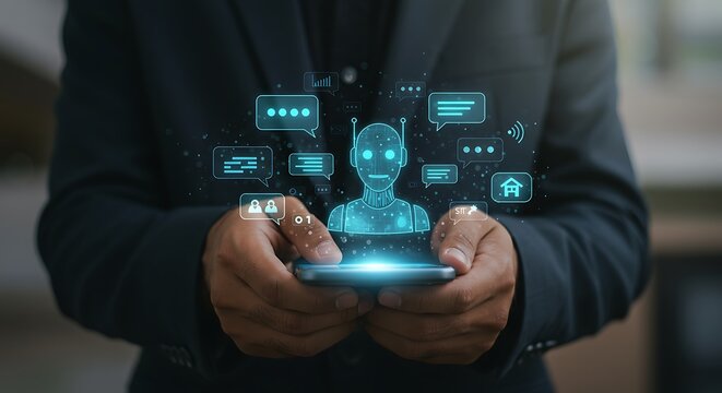 Person using mobile phone interacting with a futuristic ai chatbot interface concept - Powered by Adobe