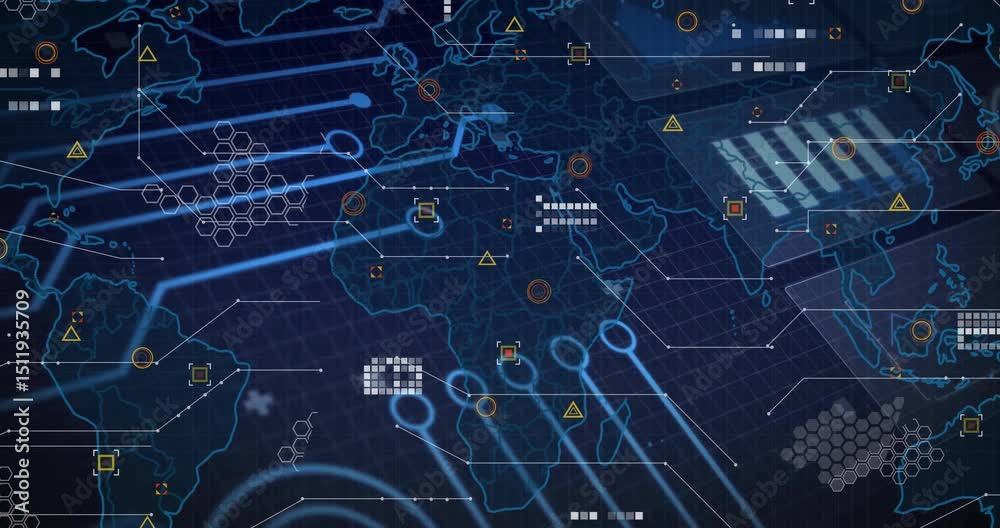 Poster on startup, world map spawning circuits, alert icons and shifting hex grids for monitoring network