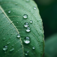 Fresh Leaf Surface – Macro Shot of Water Droplets on Leaf Veins, High Contrast Nature Texture