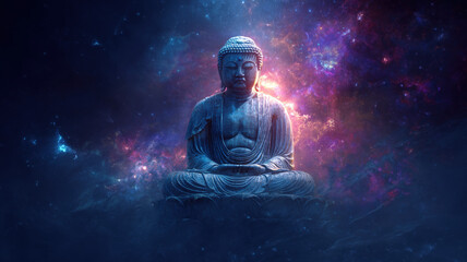 Meditating Buddha in Cosmic Space with Glowing Stars – Spiritual Enlightenment, Peace, Mindfulness, Universe Art