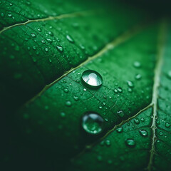 Fresh Leaf Surface – Macro Shot of Water Droplets on Leaf Veins, High Contrast Nature Texture