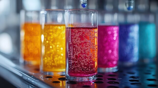 Vivid illustration of acid-base reaction with colorful indicators shifting hues in lab