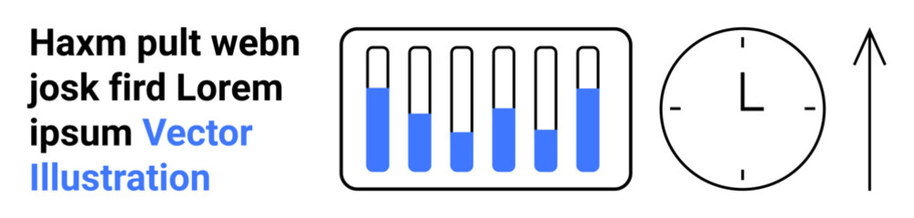 Blue and white progress bars, clock representing time, upward arrow symbolizing growth. Ideal for analytics, progress monitoring, productivity, planning, performance, time tracking simple landing