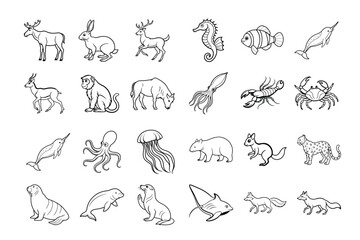 Set of wild and farm animal silhouettes including horses and other mammals
