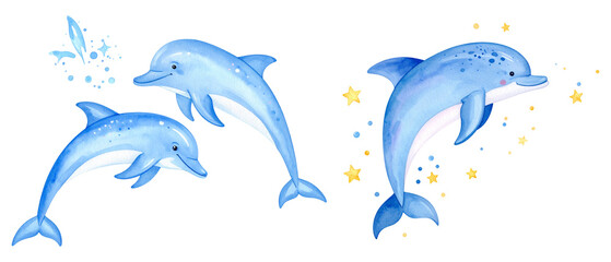 イルカの水彩画イラスト、セット素材