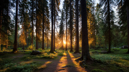 Fototapeta premium Beautiful forest background for screensaver. with sunbeams. Calm close-up of fairytale forest and nature landscape, panorama. Summer vacation, holiday, amazing nature.
