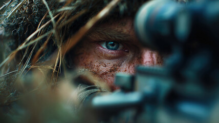 Intense Camouflaged Sniper Eyeing Target Through Scope in Forest Terrain with Concealed Military Appearance