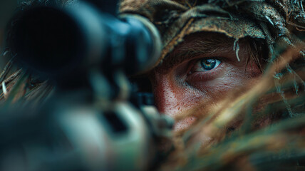 Intense Camouflaged Sniper Eyeing Target Through Scope in Forest Terrain with Concealed Military Appearance