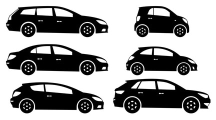 Set of isolated cars silhouettes on a white background. Vehicle icons vector illustration view from the side